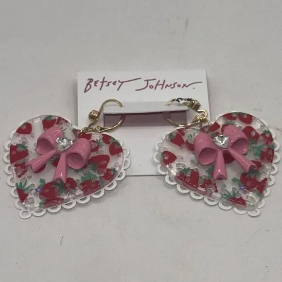 Betsey Johnson Heart Earrings with Pink Bows - Picture 3 of 5